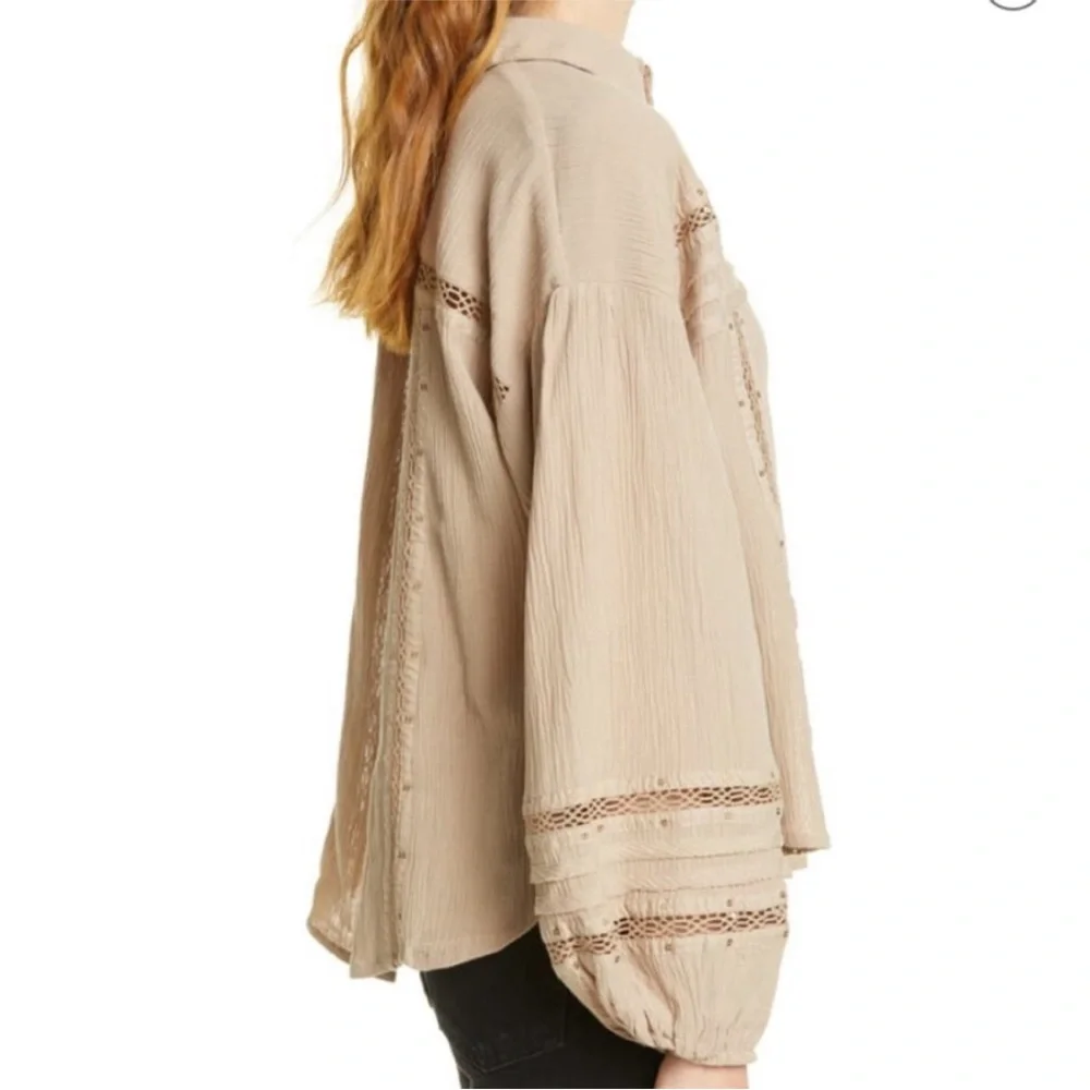 Free People Summer Star Crinkled Brown Lace-Trim Blouse size S
